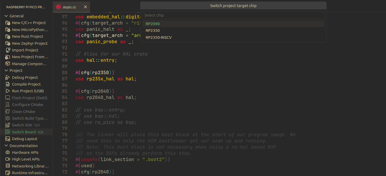 Raspberry Pi Pico Vscode extension Switch Boards
